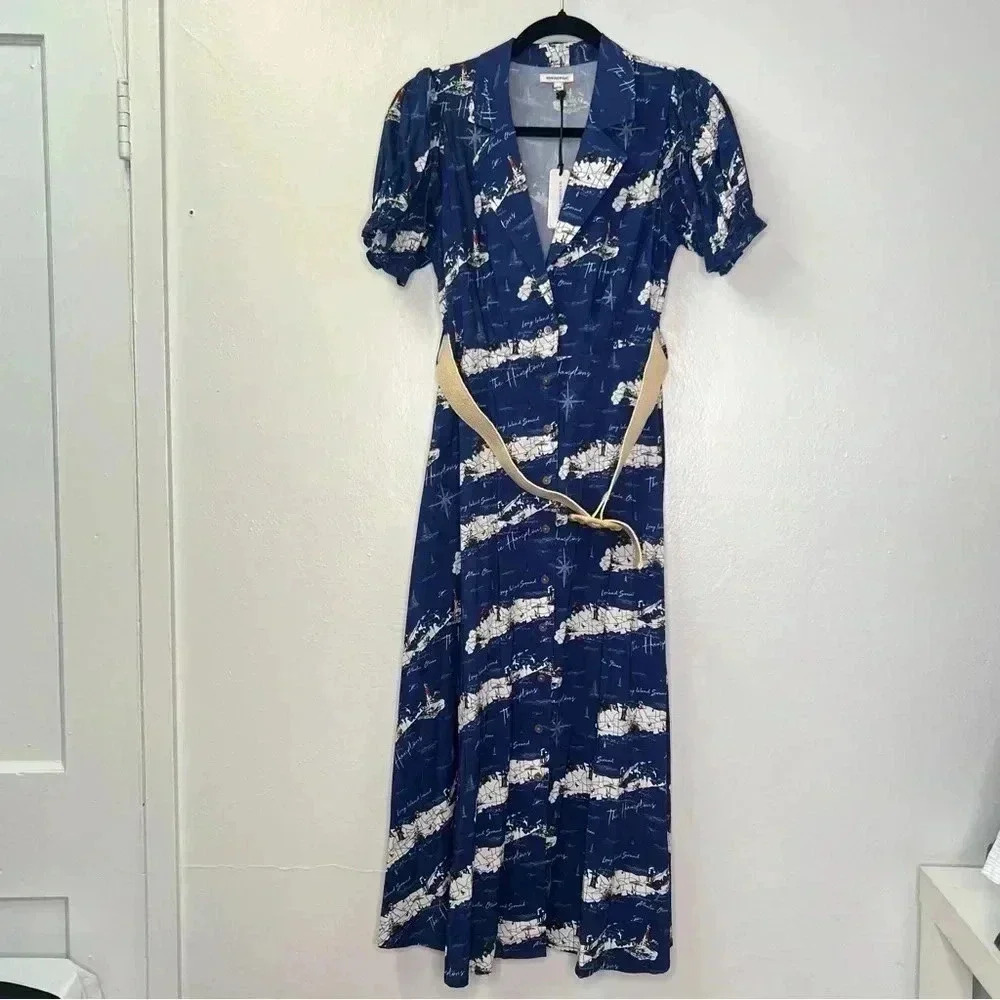 WeWoreWhat Navy Blue & White Midi Dress with Cream Belt